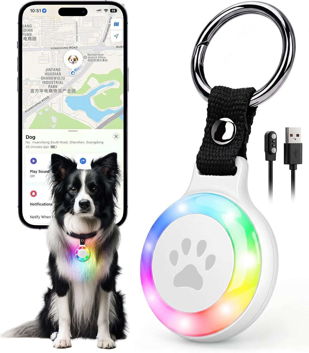 Pet Tracker for Dogs Cats, Location & LED Night Light Tag, No Monthly Fee