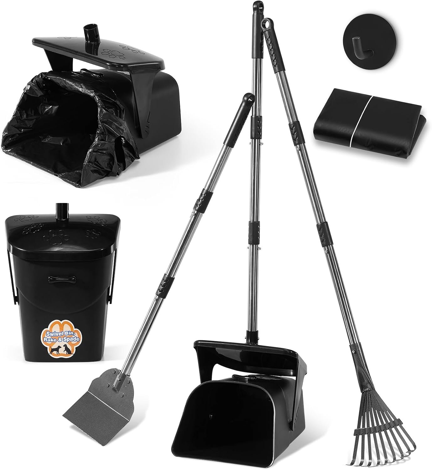 Stainless Steel Dog Pooper Scooper,40″ Long Handle Swivel Bin, Rake and Spade,20 Waste Bags & Hook – Heavy Duty Portable Metal Poop Scooper for Large,Medium and Small Dogs