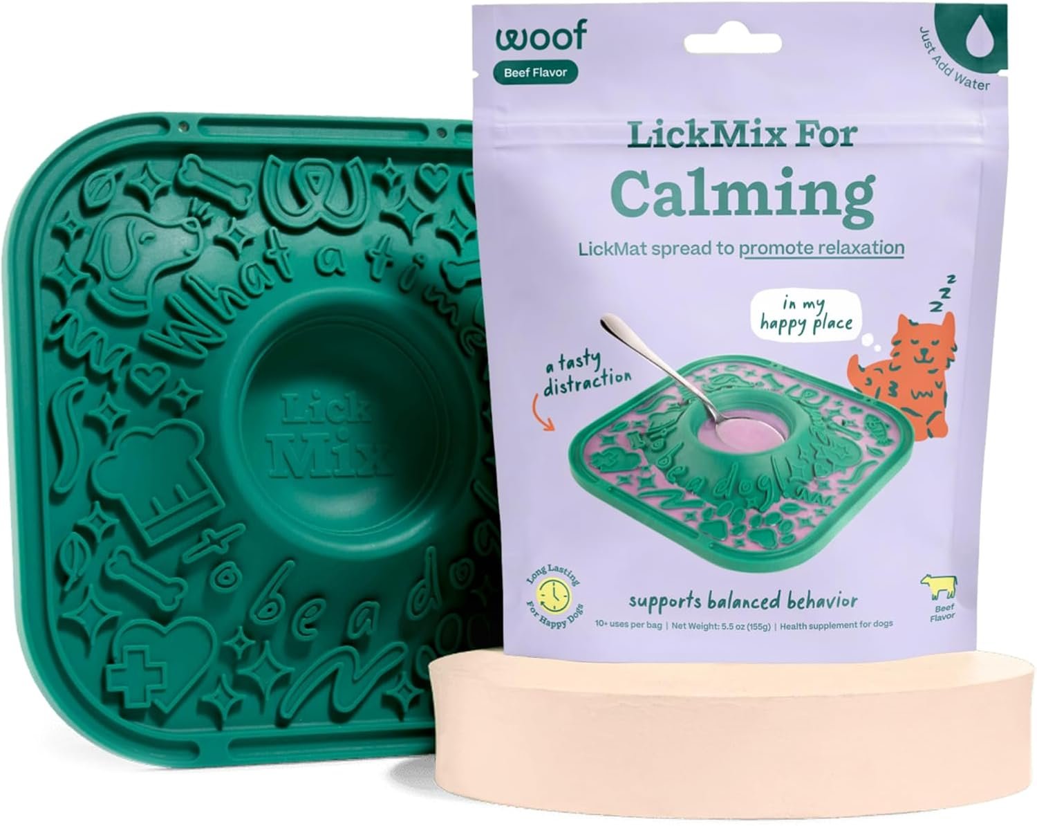 Woof Lick Mat and Calming LickMix Starter Pack Bundle – Dog Enrichment and Spread – Slow Feeder Mat with Non-Slip Design – Delicious, Lower Calorie Mix -Green