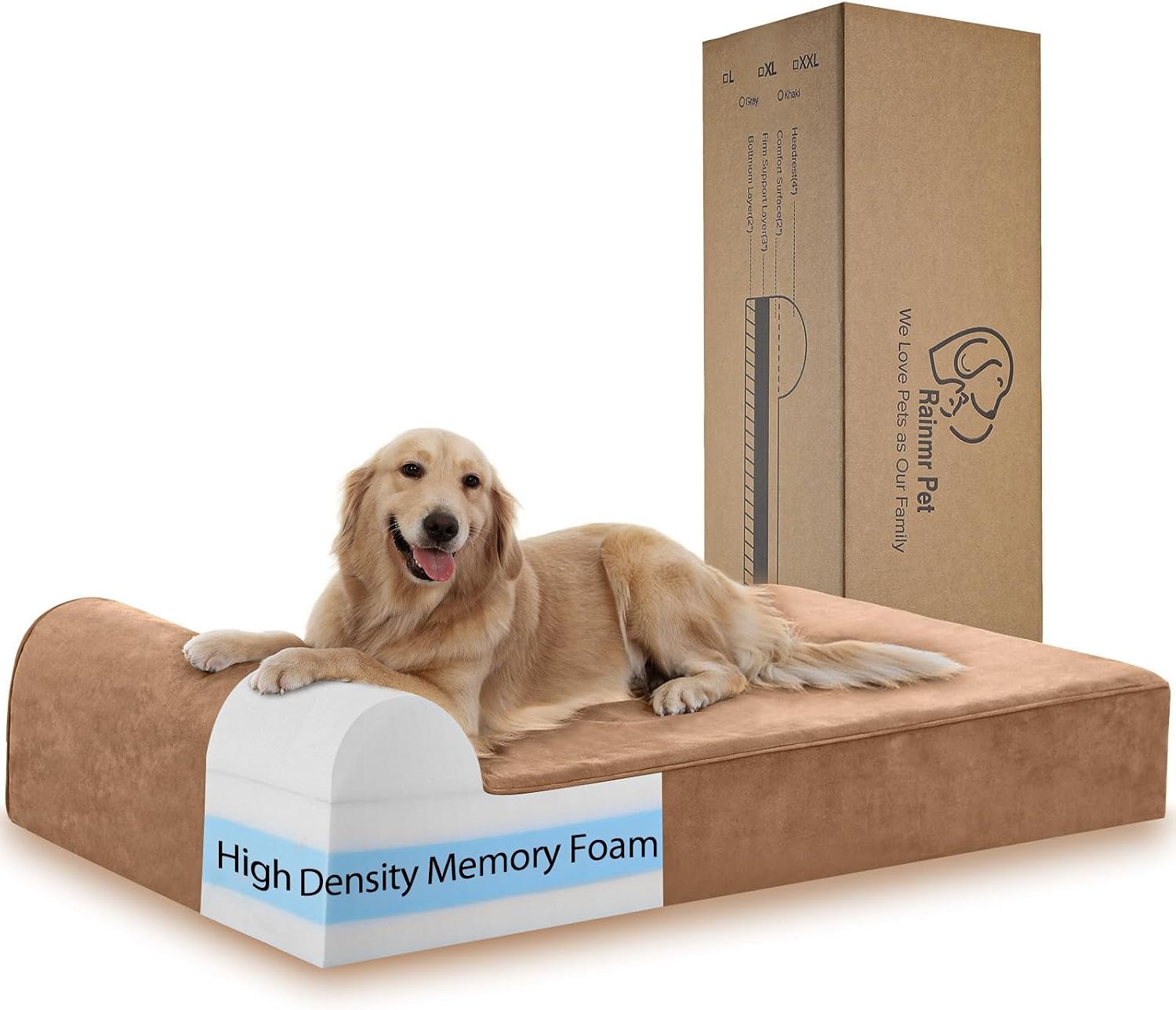 Rainmr Orthopedic Dog Beds for Large Dogs, 7″ Memory Foam Dog Beds with Waterproof Liner, Durable Microsuede Cover, Removable and Washable, Nonskid Bottom, 48″x30″x7″ L Khaki