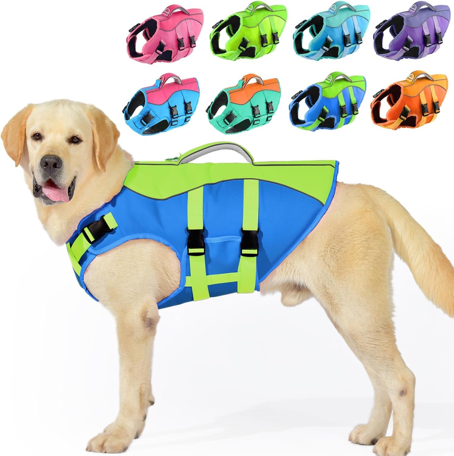 PETDSH Dog Life Jacket with Rescue Handle, High Flotation Dog Life Vest for Boating Swimming, Dogs Lifejacket with Reflective Strips & Lateral Buoyancy, Adjustable Pet Swim Jackets for Summer Camping