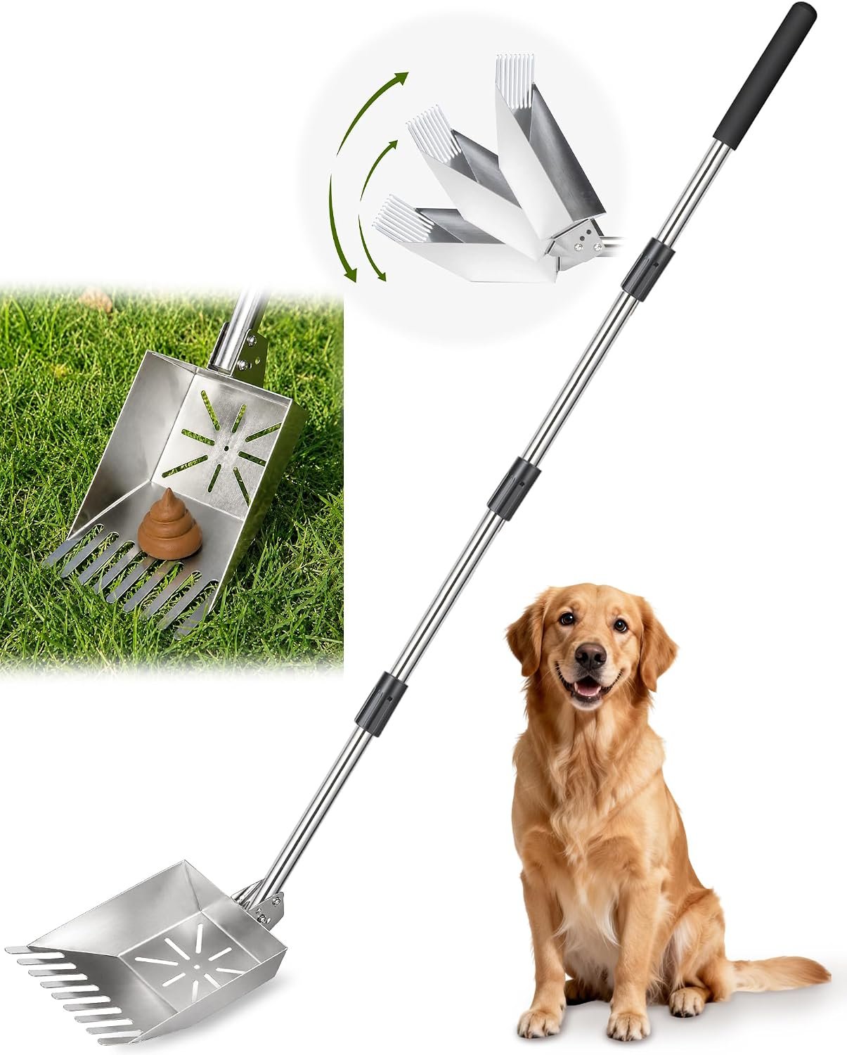 71″ Stainless Steel Pooper Scooper, 3-Adjustable Angle Dog Shovel & Rake