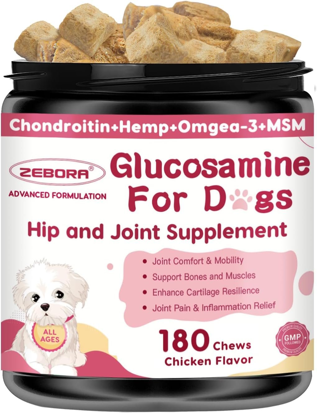 ZEBORA Hip & Joint Glucosamine Supplement for Dogs, 180 Freeze-Dried Chews