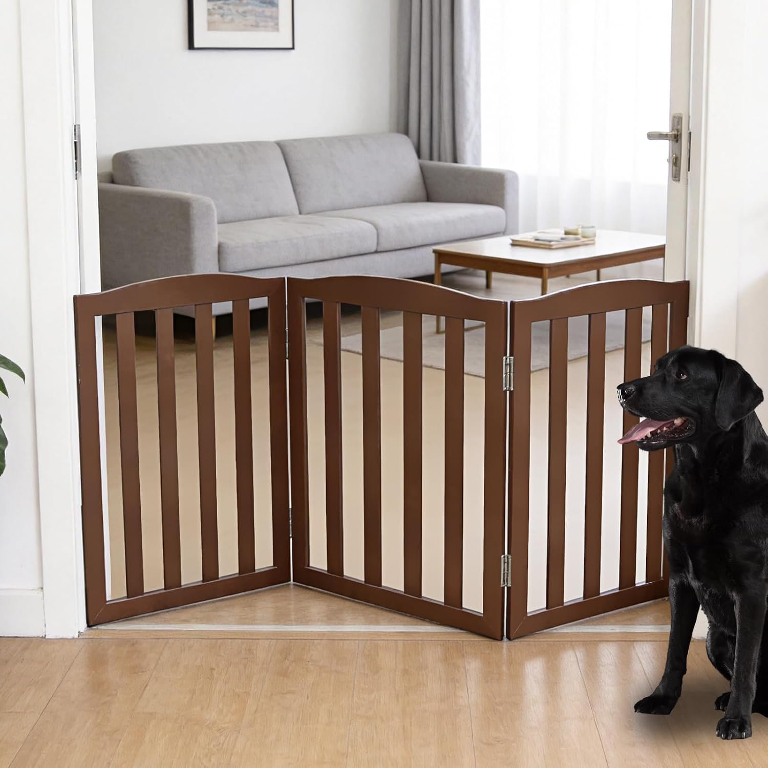 ZJSF Foldable Freestanding Indoor Dog Gate for House Wood White Long Pet Gates Dog Fence for Stairs Puppy Gates for Hallways, Puppy Gate,Support Feet Included, Brown, 24 “Height-3 Panels