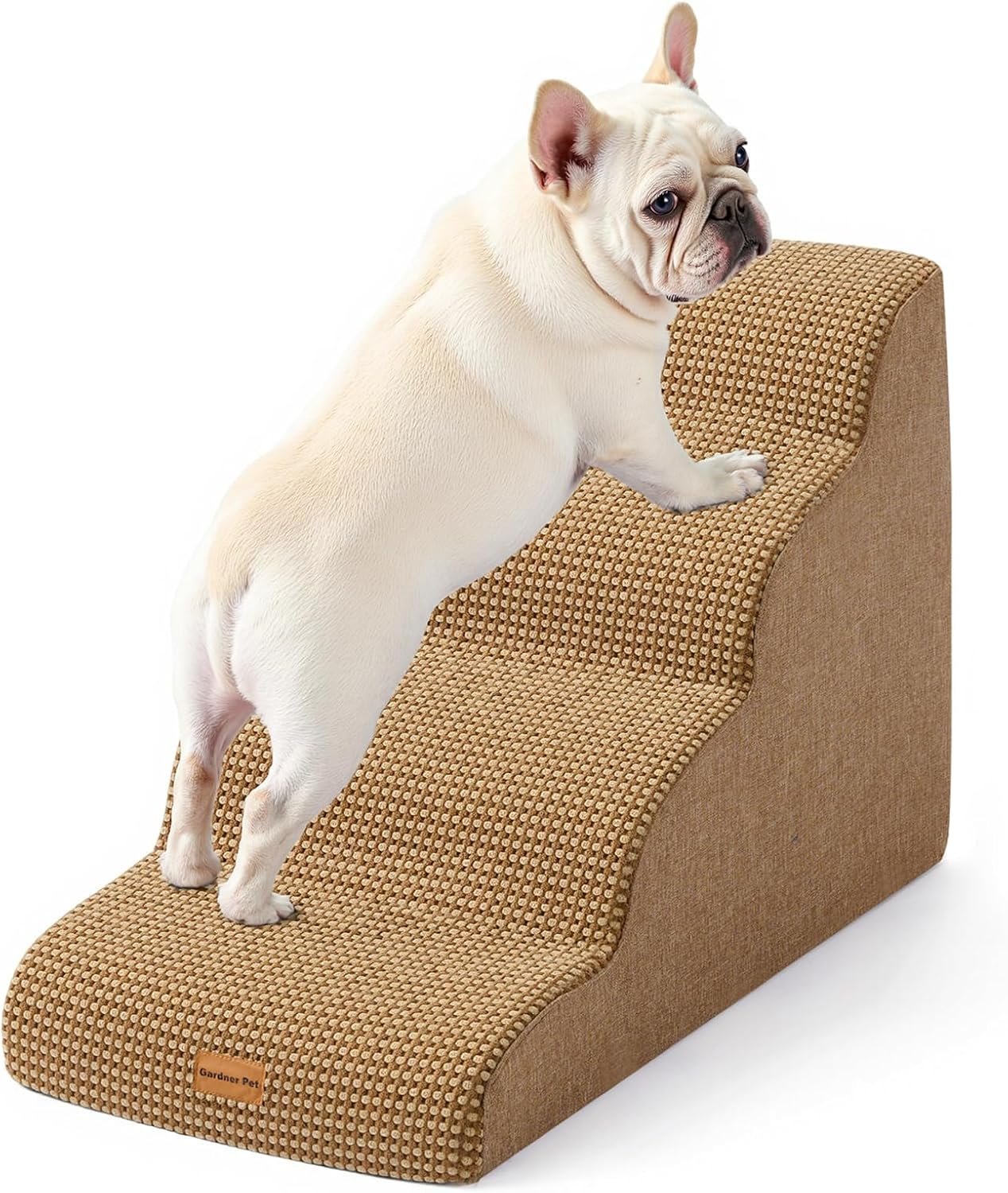Gardner Pet Dog Stairs for Small Dogs 19.7″ H, 4-Step Brown Curved Pet Stairs, Dog Steps for High Bed (18-24 in), Couch with Durable Non-Slip Waterproof Fabric Cover and CertiPUR-US Certified Foam