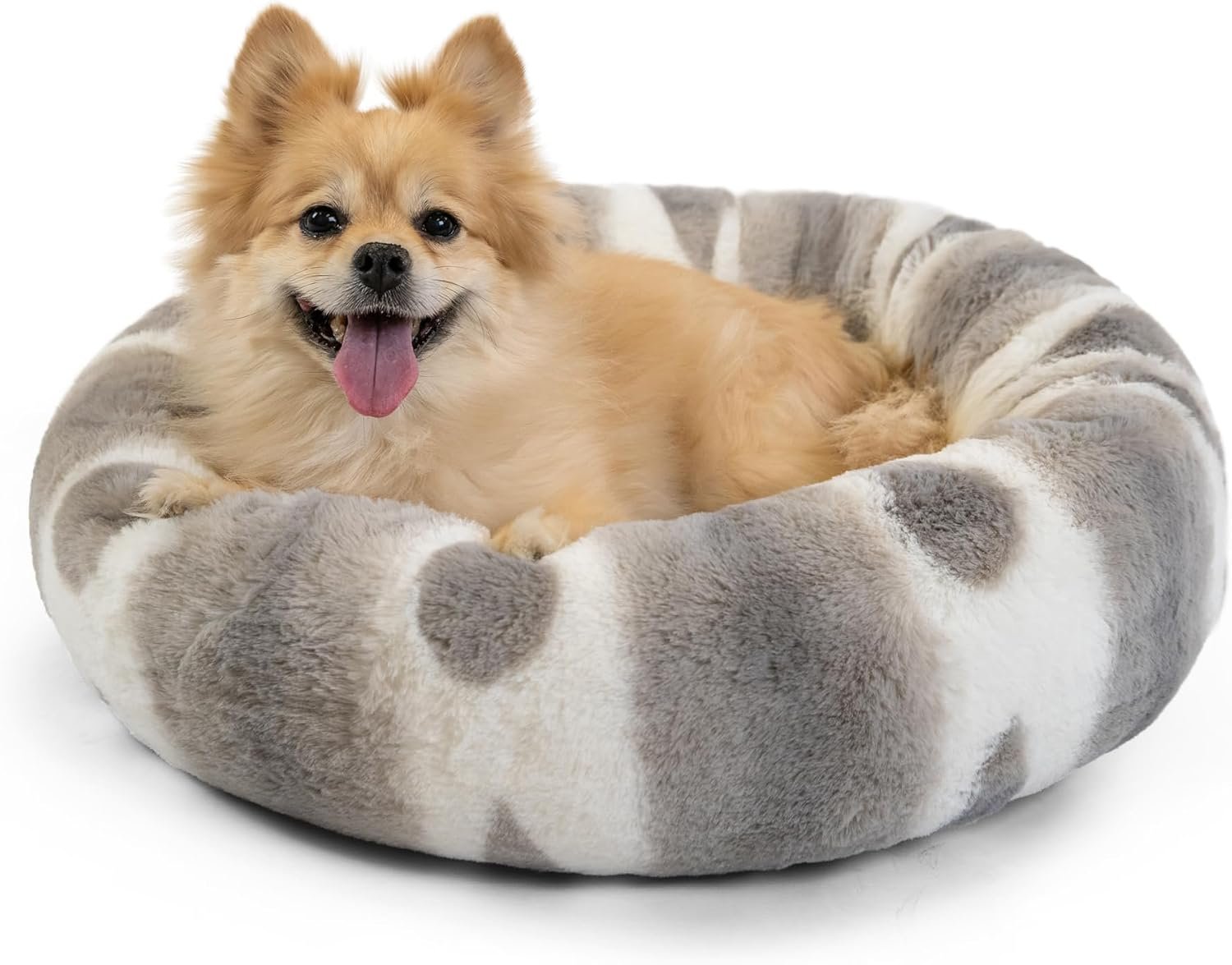 Best Friends by Sheri Patterned Lux Faux Fur Calming Donut Dog Bed, Gray, Small, 23×23