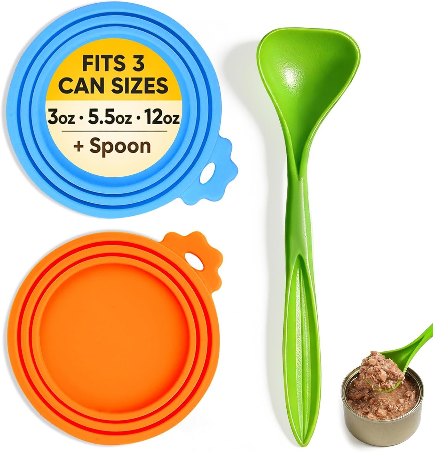 Dog Food Can Lids & Cat Food Can Lids 2 Pack, Silicone Pet Food Can Covers for Wet Food Storage, Fits 3oz/5.5oz/12oz Cans, Airtight & Reusable Universal Can Covers with Feeding Spoon (Blue & Orange)
