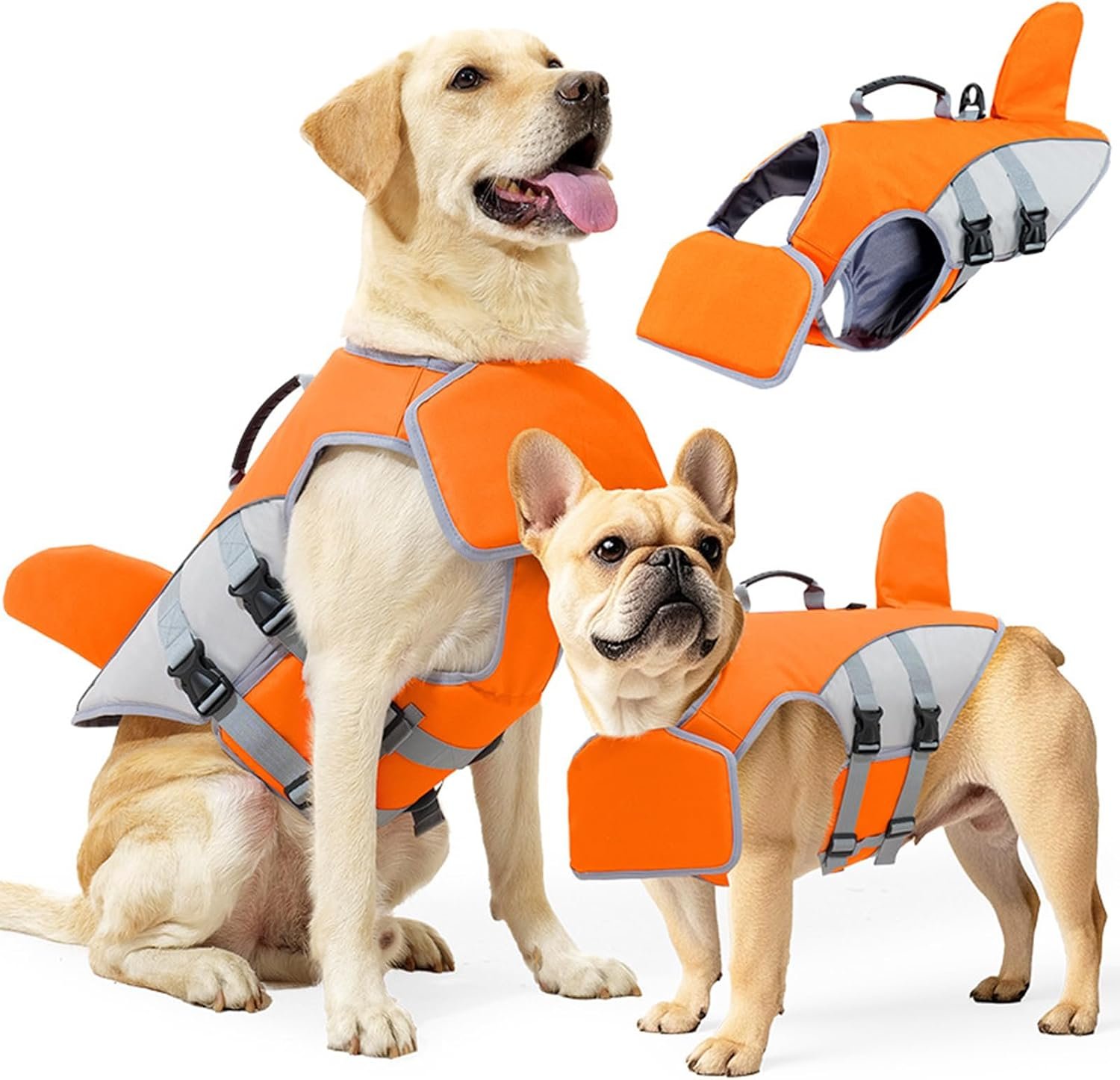 BAMY Shark Dog Life Jacket with Chin Float, Pet Swimming Vest,Orange,S