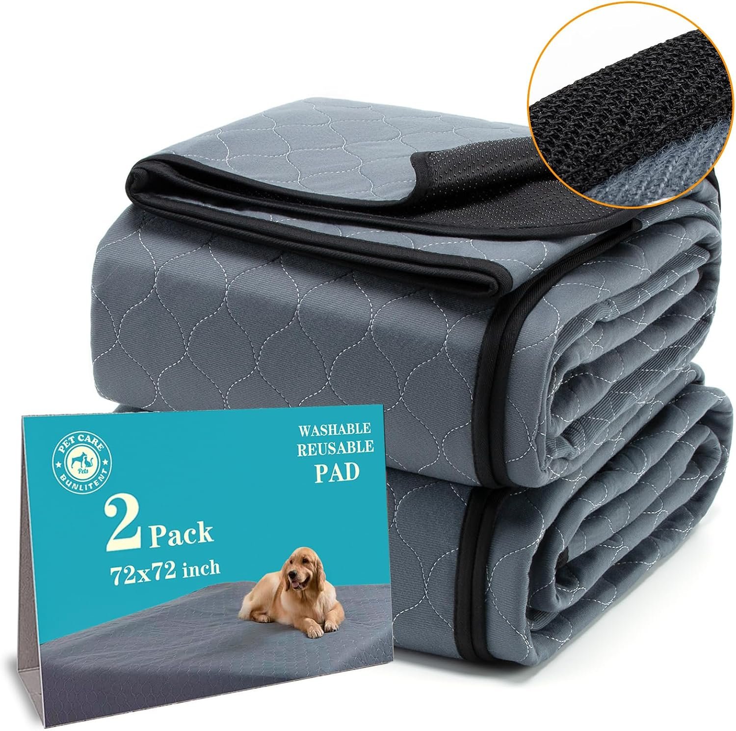 Bunlitent Extra Large Washable Pee Pads for Dogs 72″ x 72″, 2 Pack, Grey