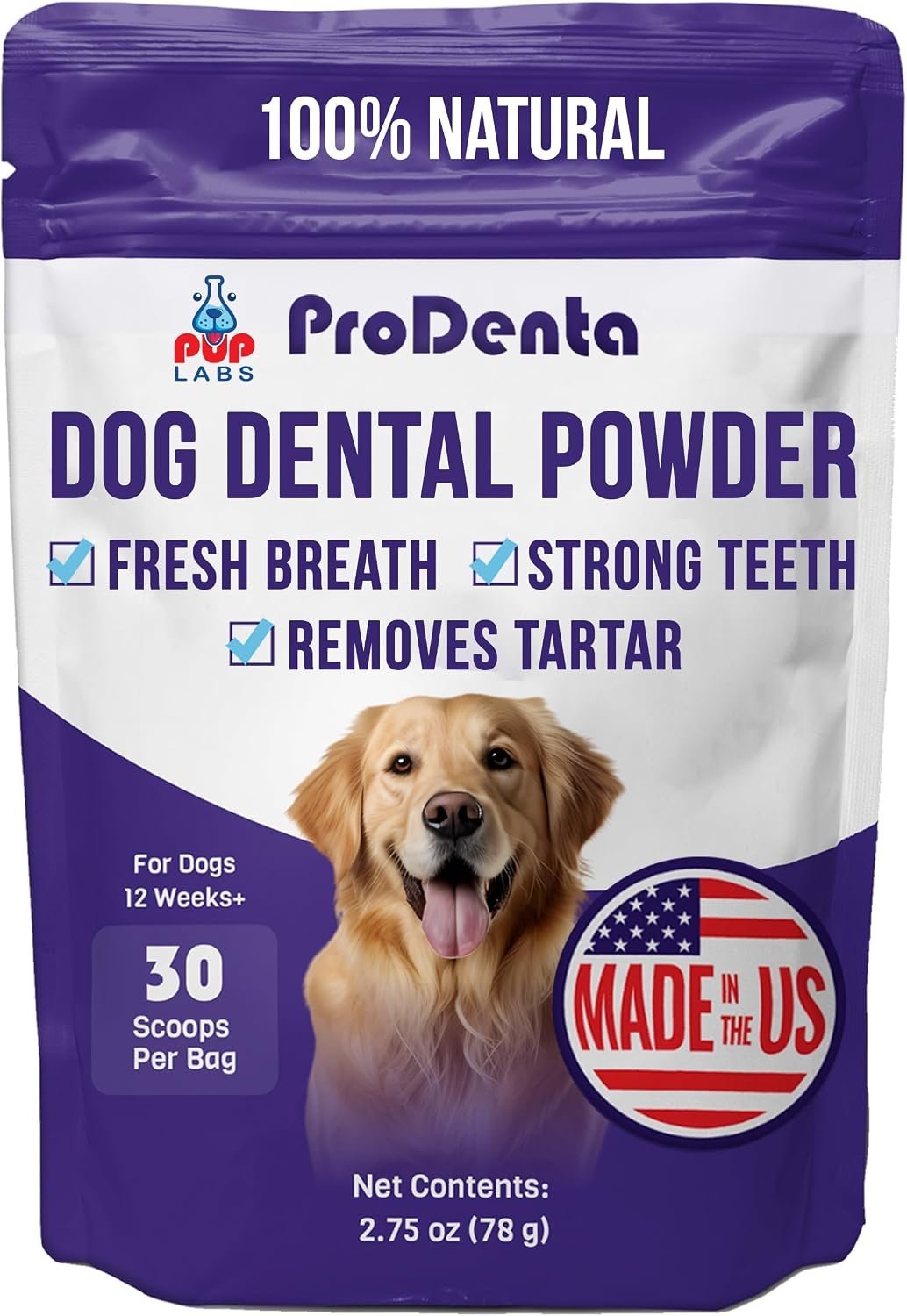 Pup Labs ProDenta, All-Natural Dog Dental Powder for Teeth Cleaning, Dental Powder for Dogs Teeth with Breath Freshener. Easy to use for Tartar Removal and Leaky Gums. Made in USA, 30 Servings