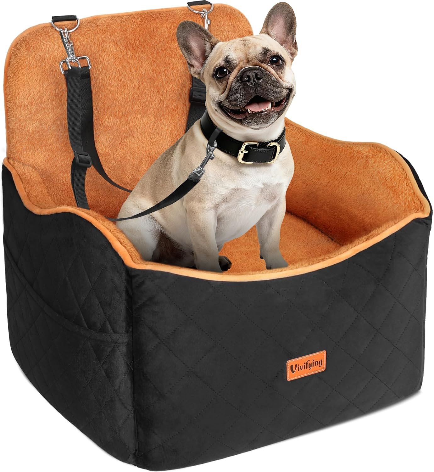 Vivifying Dog Car Seat for Small and Medium Dogs, 4″ Booster Pet Car Seat with Safety Strap, Plush Travel Dog Bed for Car with Storage Pocket, Detachable Washable Cover, Fits Dogs up to 35lbs (Black)