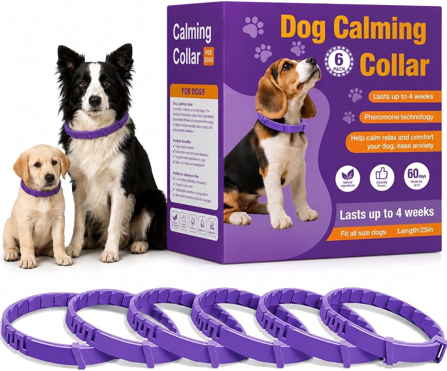 Calming Collars for Dogs, 6 Pack, 60-Day Pheromone Support, Purple
