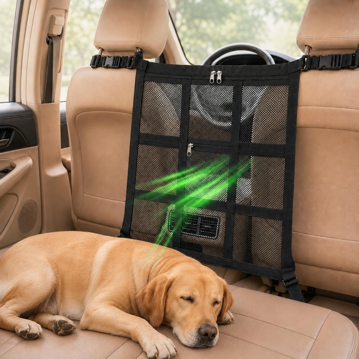 Car Dog Barrier with Storage Pocket, Universal Car Divider Capable of Preventing Distractions in SUVs, Trucks & Cars, High-Density Mesh Guard Used for Back Seat Containment
