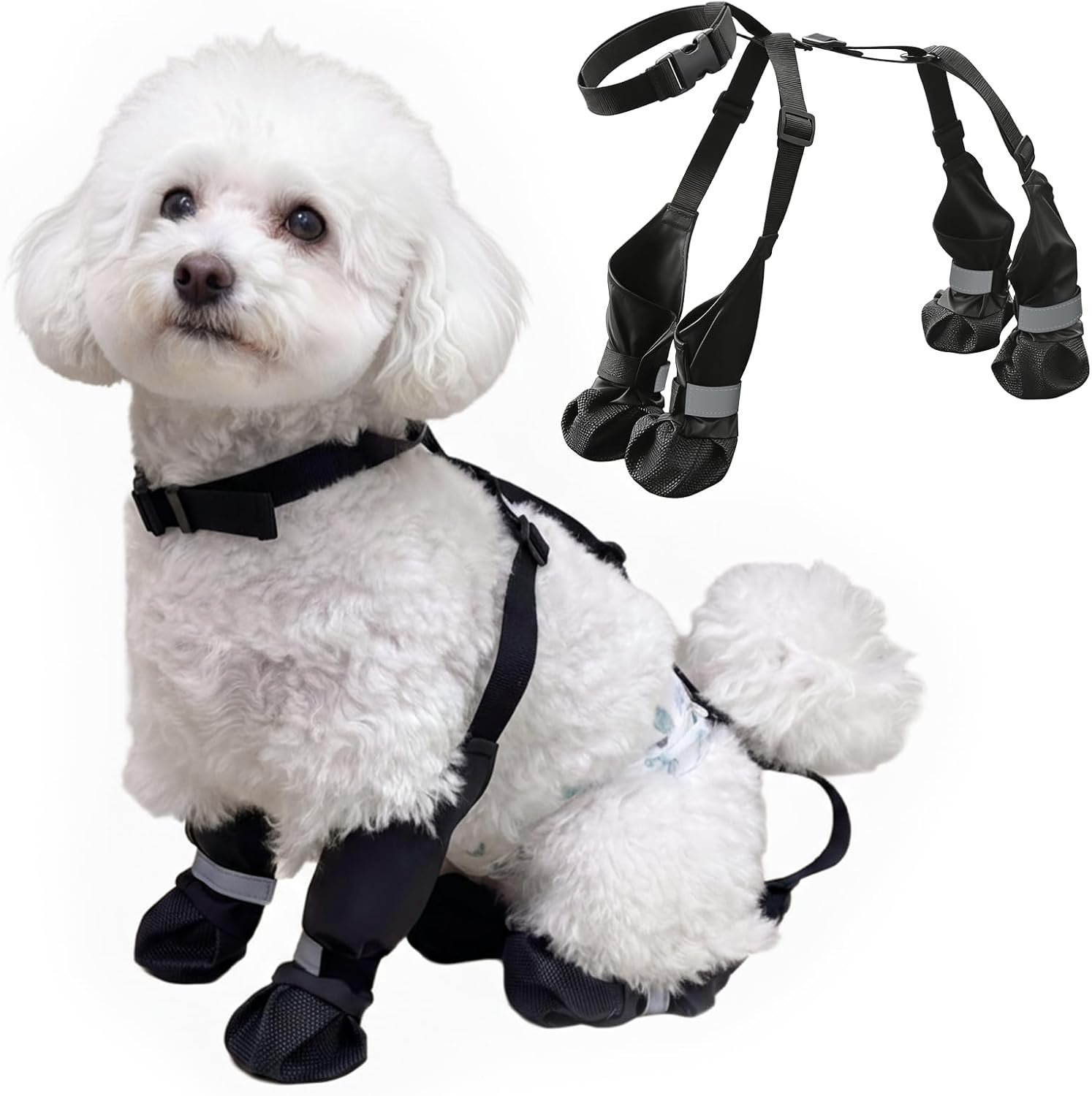 Winter Dog Boots with Leg Protection, Non-Slip Sole for Small & Medium Dogs – Waterproof Adjustable Straps, Paw Protector for Outdoor Walking & Hiking (M)