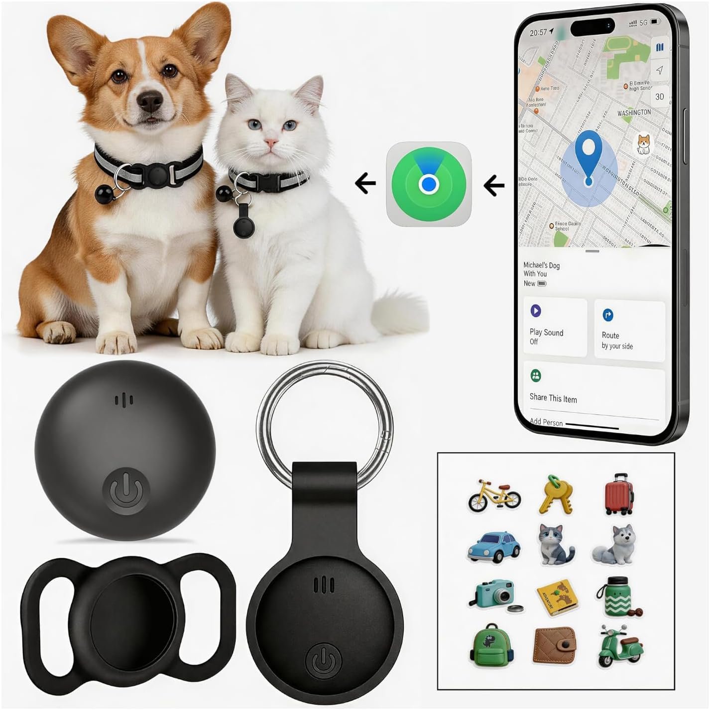 GPS Tracker for Dogs, Real-Time GPS Tracking Device for Cats, Pet Wearable Holder & Keychain Design, No Monthly Fee/No SIM Card,for iOS – Find My（Apple MFi Certified） Long STBY,IP68 WP,Lightweight
