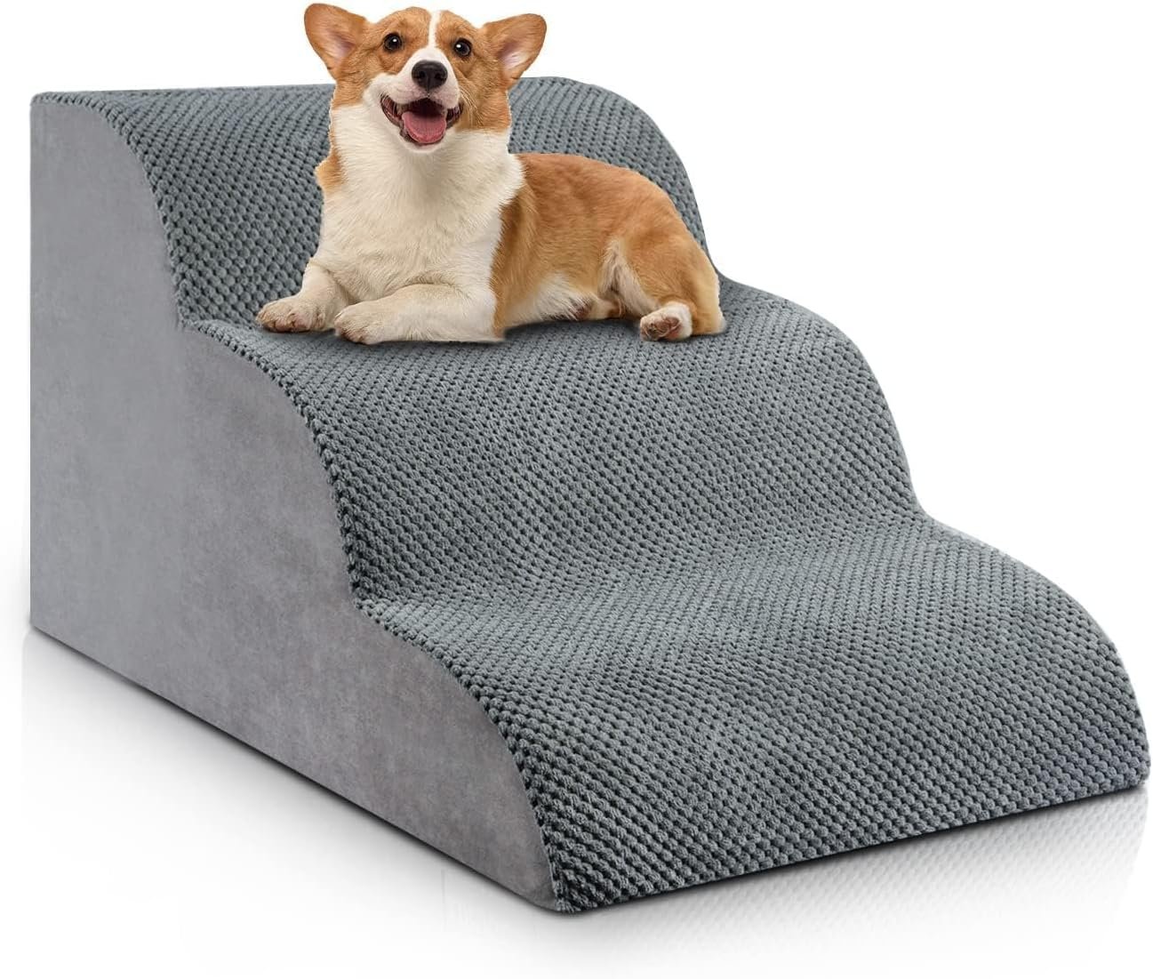 Chic Threads 3-Step Dog Stairs for Small Dogs, Dog Ramp for Bed 15.7″ H