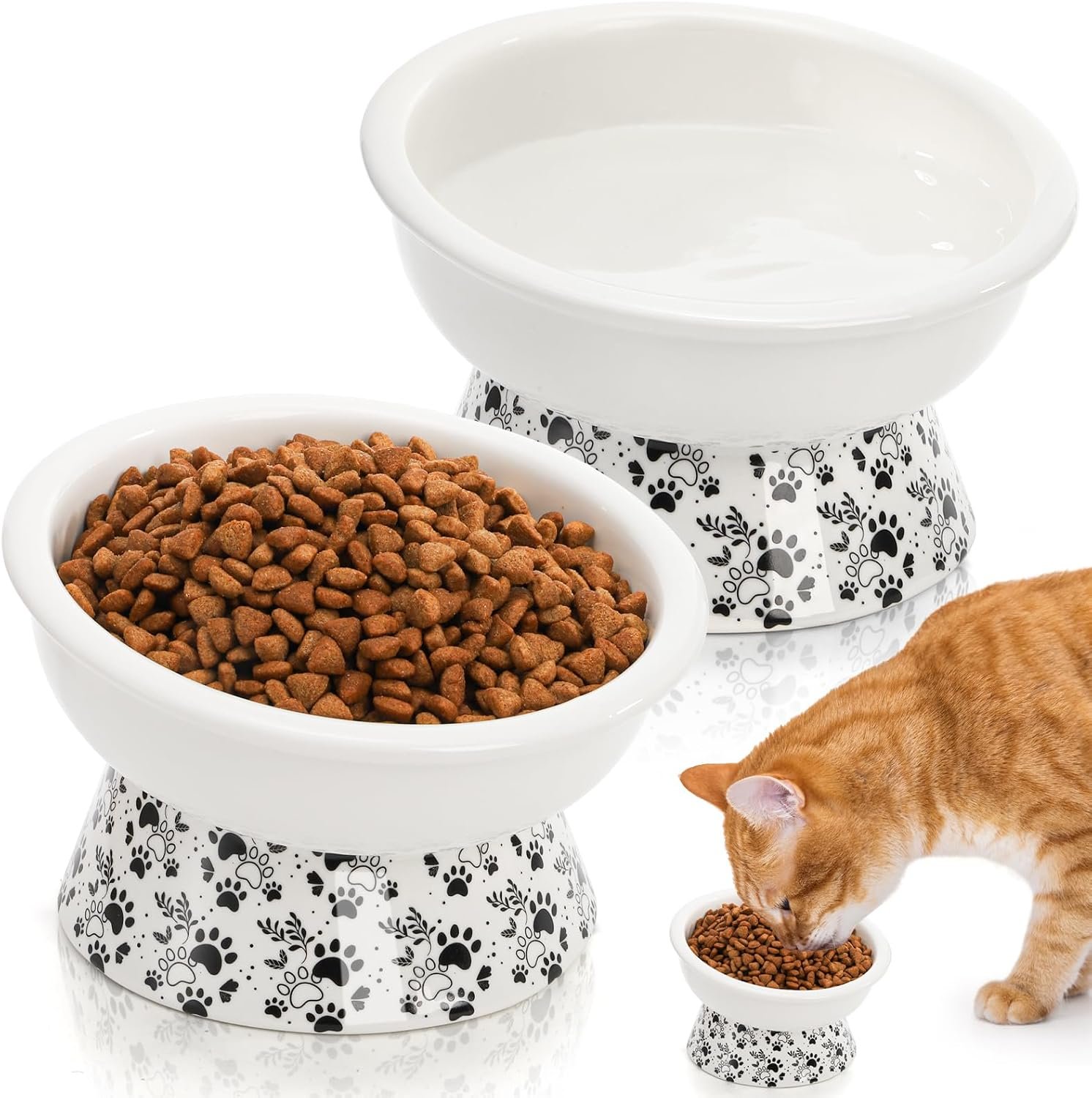 2 Pack Ceramic Elevated Cat Bowls, 6″ Extra Wide Tilted Raised Pet Dish, Whisker Friendly Food and Water Bowl for Small Dogs, Anti Vomiting & Protect Pet’s Spine, Microwave Dishwasher Safe