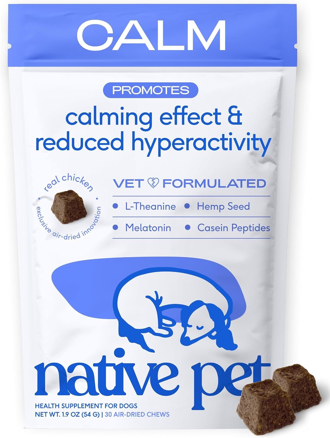 Native Pet Calming Chews for Dogs – Promotes Calming Effect, Supports Emotional Balance & Reduces Hyperactivity – Hemp Seed, Melatonin for Dogs, L-Theanine & Casein – Air-Dried 30 Chews