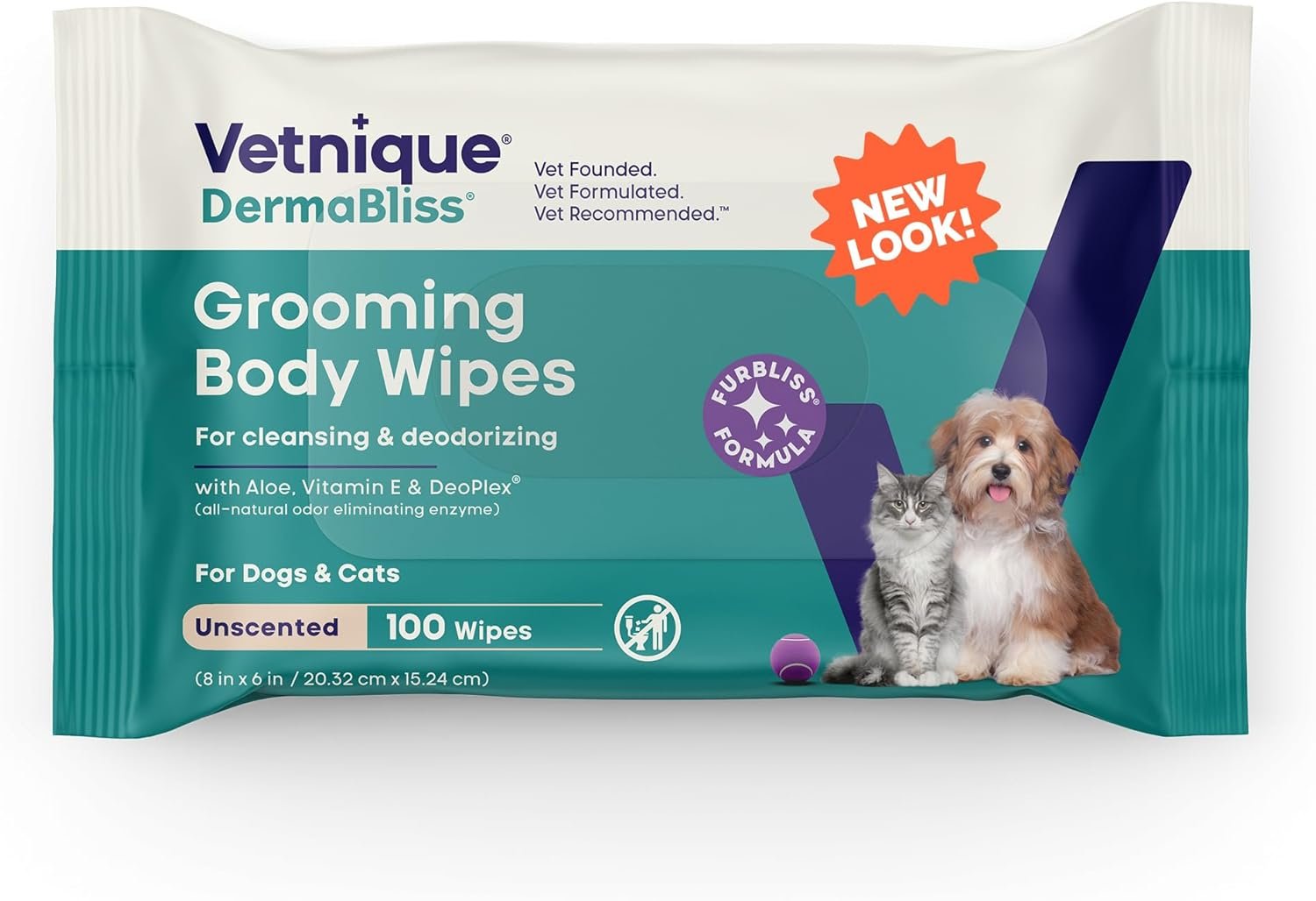 Vetnique DermaBliss Cat & Dog Grooming Wipes, Deodorizing Pet Wipes, 100ct