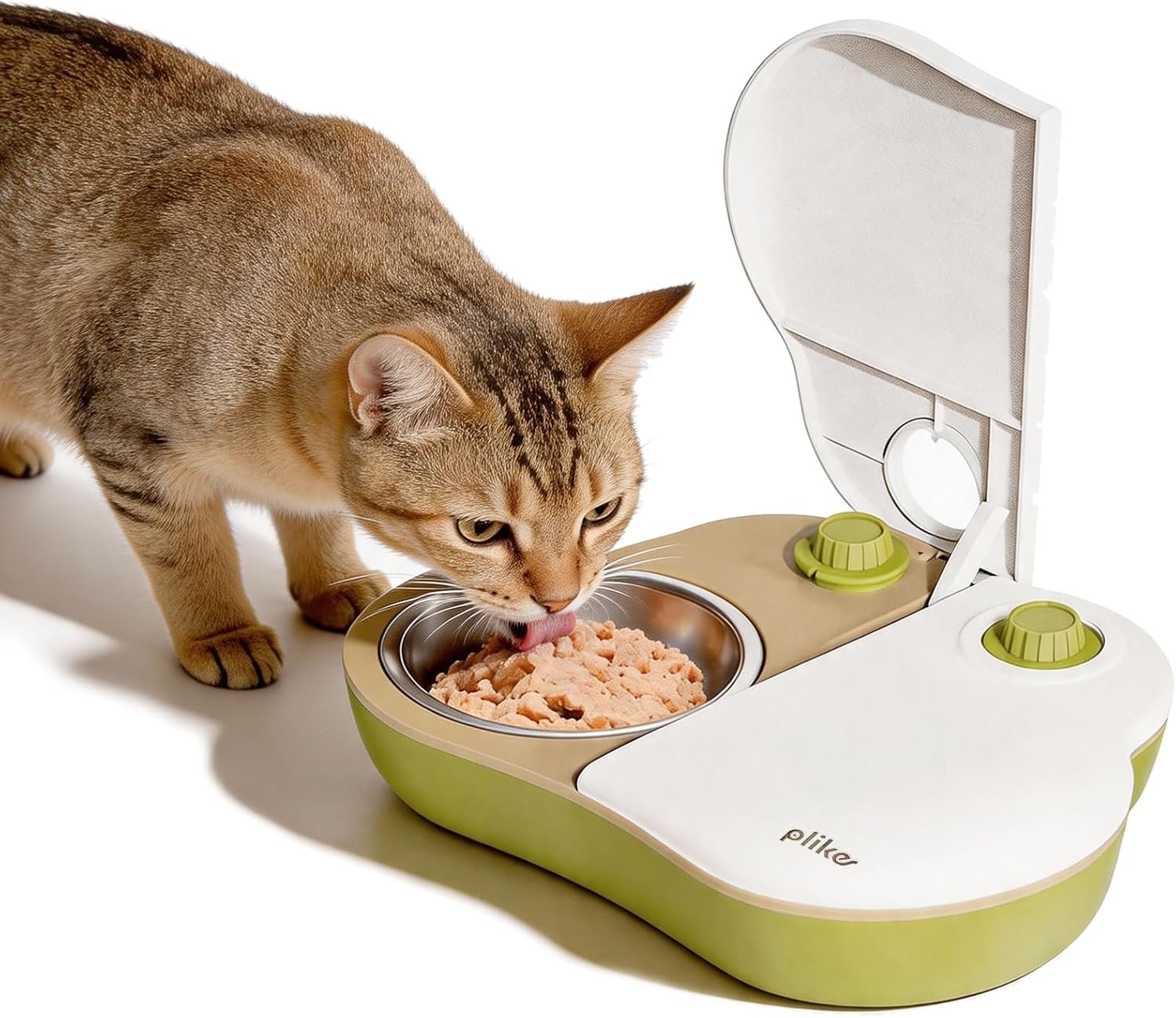 Plike 2-Meal Automatic Wet Food Feeder with Ice Packs,48H Timer, Cats & Small Dogs, Battery Operated, Dual Trays