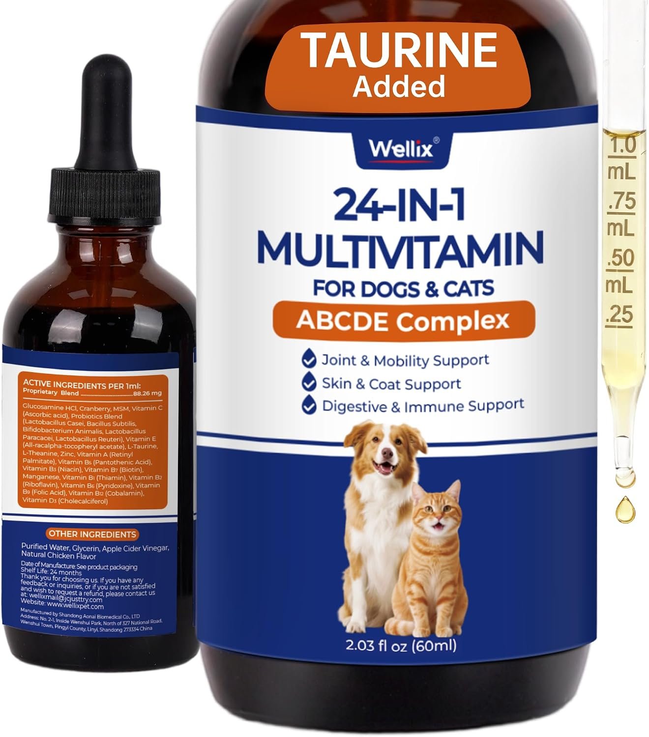 Wellix 24-in-1 Liquid Multivitamin with Taurine for Dogs and Cats 2.03Fl Oz