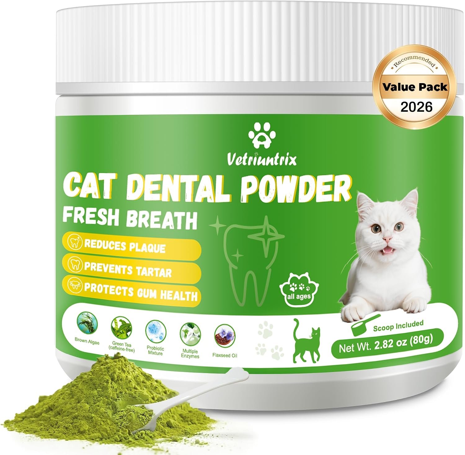 Cat Dental Care Powder, Cat Teeth Cleaning with Natural Ingredients and Probiotics, Dental Powder for Cats Breath Fresh Tartar Remover Plaque Off, 80g
