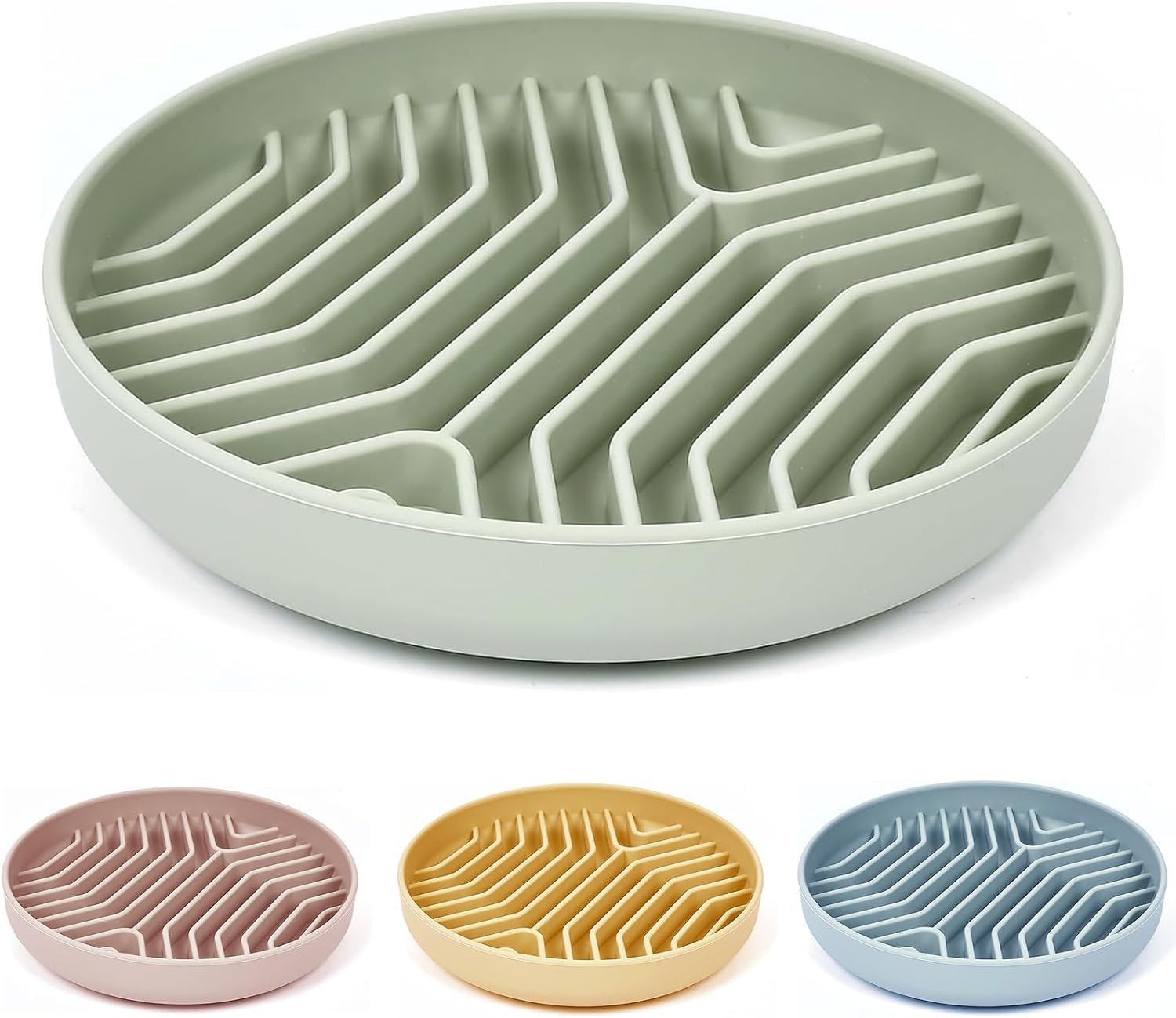Silicone Slow Feeder Dog Bowls, Puzzle Design with Suction Cups (Green)