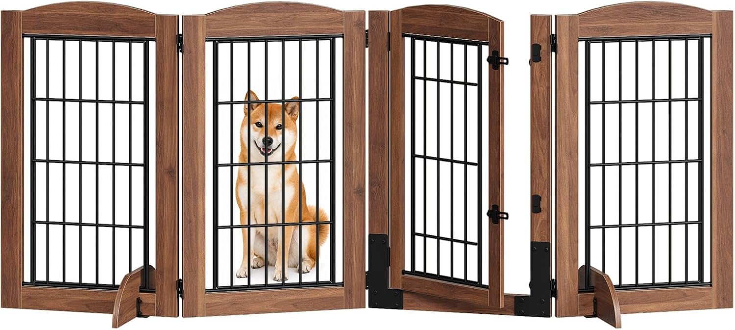 HOOBRO 4 Panels Dog Gate Indoor with Door, 32.7” Tall Freestanding Pet Gate with 2 Support Feet, Foldable Dog Fence for Doorways, Stairs, Wooden Pet Puppy Safety Fence, Walnut BH86PP03N1