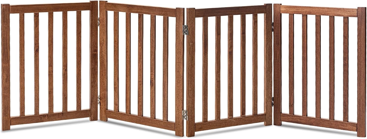 LZRS Wooden Free Standing Dog Gate 80″ W x 24″ H, Foldable Solid Hardwood Pet Safety Fence for House Doorways, Stairs, Hallways, Step-Over Pet Barrier, No Drill Easy Setup, Oak