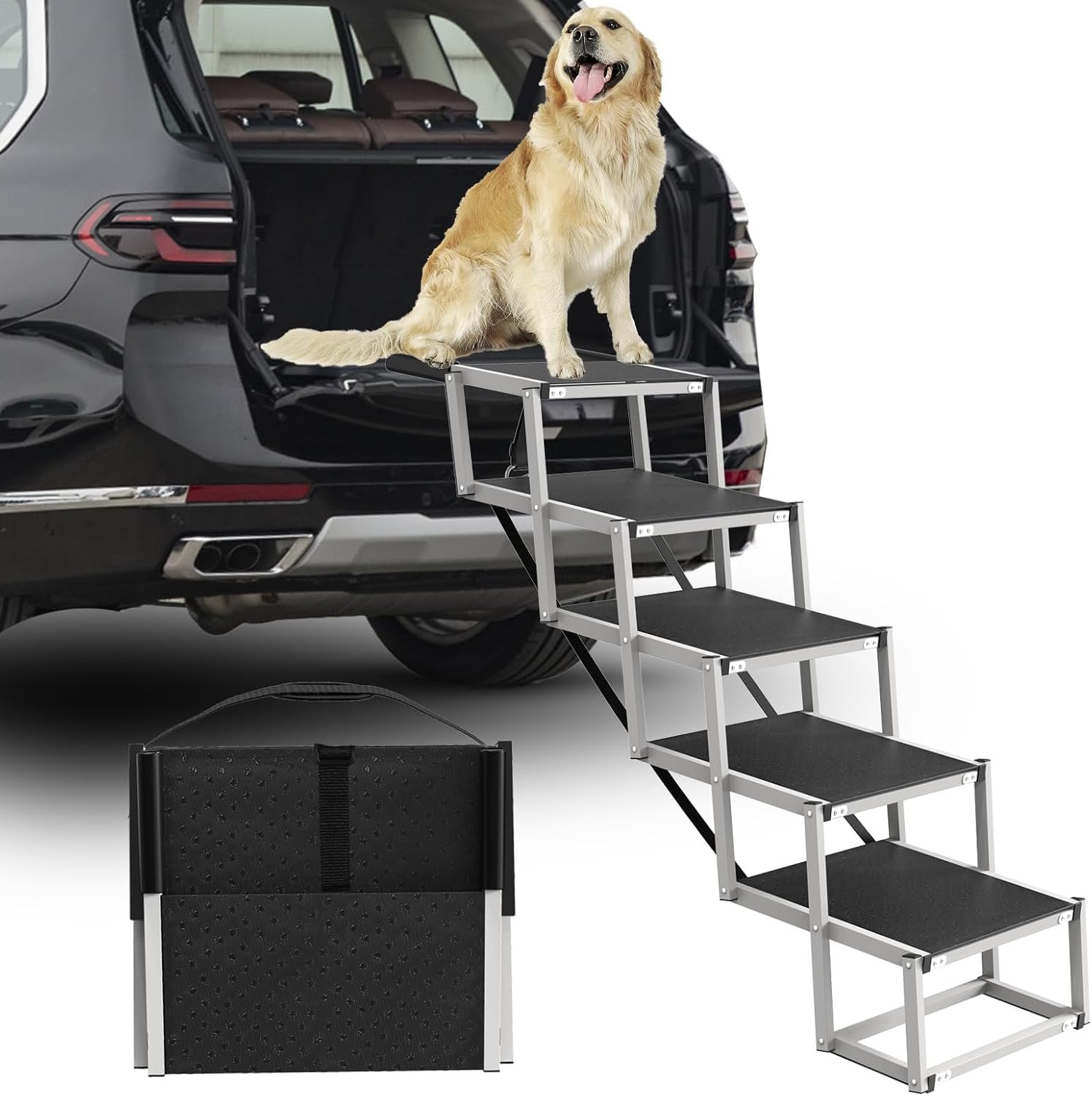 Deergym Dog Stairs for Large Dogs – 5 Step Wide 16in High 34in Foldable Dog Ramp for Car Non-Slip Surface Support up to 230lbs – Suitable for SUV,Truck, Sofas, Bed