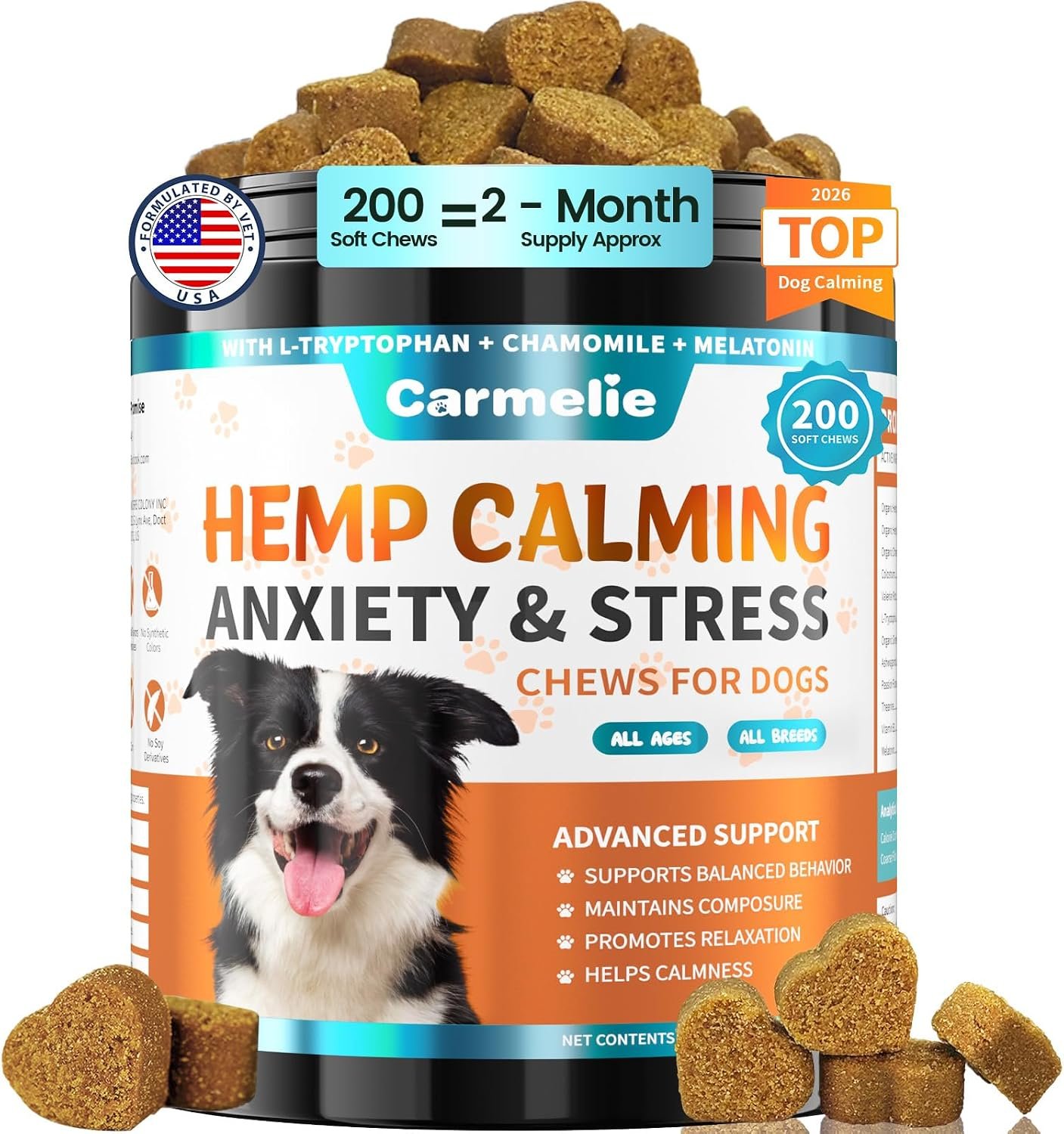 Hemp Calming Chews for Dogs Anxiety and Stress Relief with Melatonin, 200ct