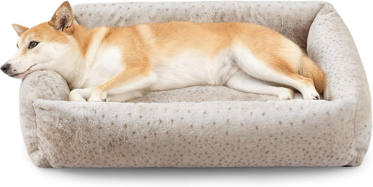 JOEJOY Large Dog Beds Large Sized Dog, Removable Washable Cover Orthopedic Soft Faux Rabbit Fur Pet Bed, Anti-Slip Fluffy Plush Faux Rabbit Fur Puppy Bed, 36″x27″x8″, Leopard Print, Beige
