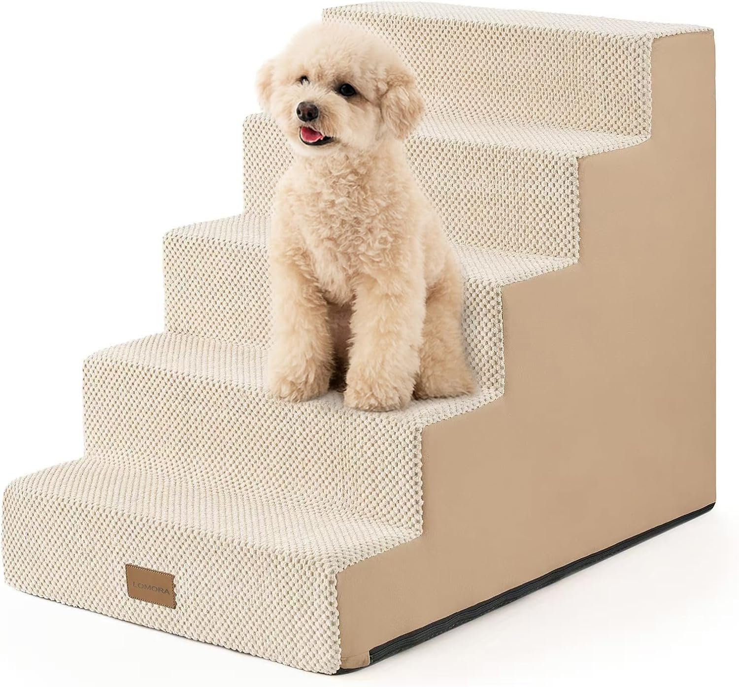 Dog Stairs for Small Dogs, 5 Tier Widened Pet Stairs for High Beds, 23.6″ H Non-Slip Dog Steps for Puppy, Elderly, or Disabled Dogs, 17.7x30x23.6 inch, Beige