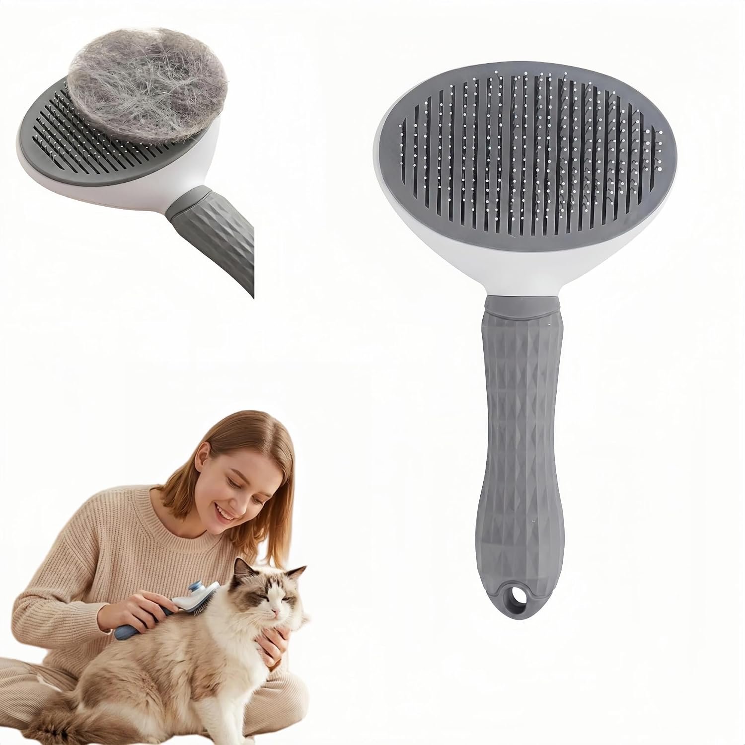 Self Cleaning Slicker Brush for Dogs & Cats, Skin Friendly Deshedding Grooming Tool for All Haired Pets (Gray)