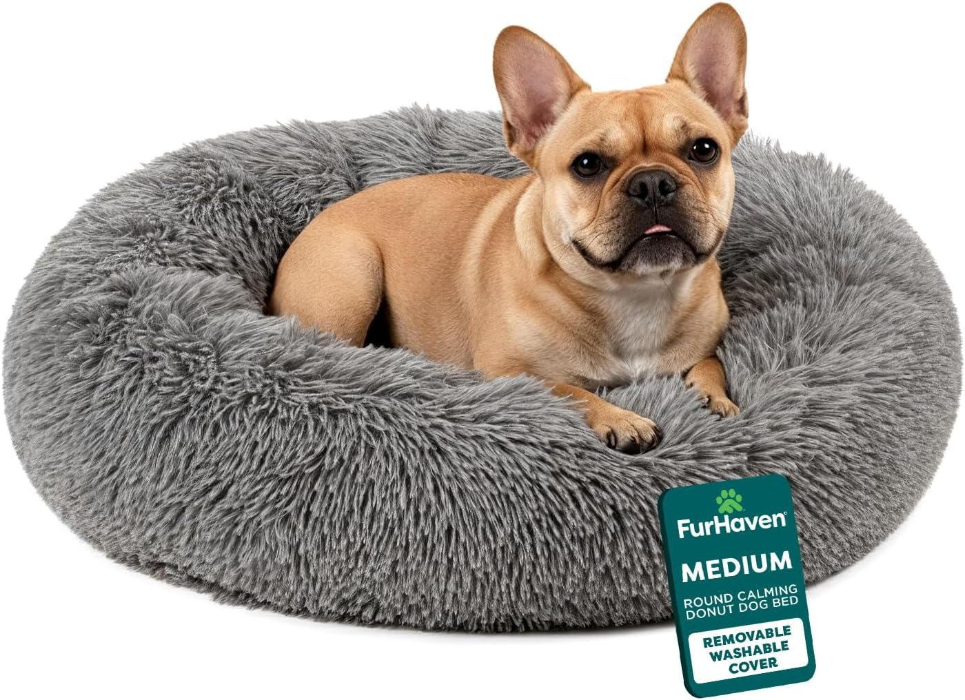 Furhaven 30″ Round Calming Donut Dog Bed for Medium/Small Dogs, Refillable w/ Removable Washable Cover, For Dogs Up to 45 lbs – Shaggy Plush Long Faux Fur Donut Bed – Gray, Medium