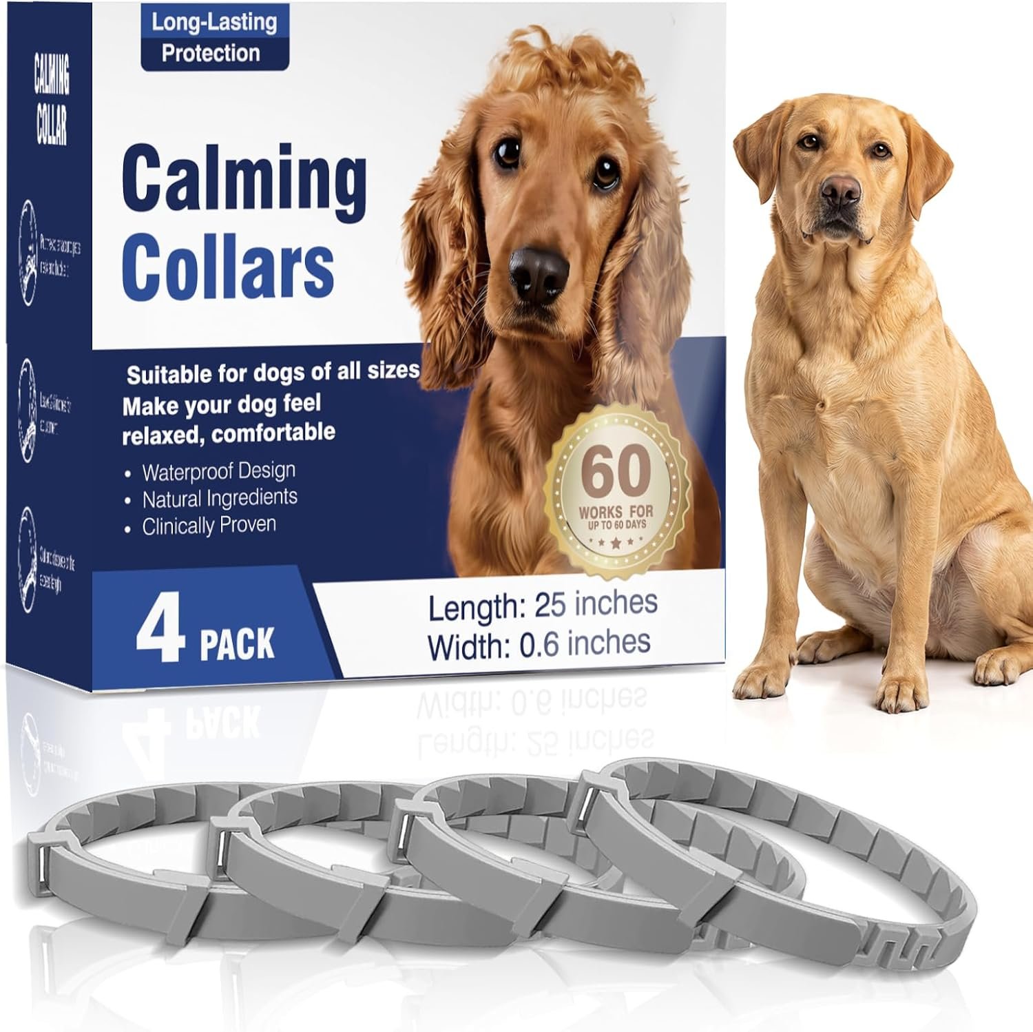Gray Comfort Collars for Dogs，Dog Calming Collar 4 Pack, Adjustable 25 Inch Flexible Collar for Small Medium Large Dogs, Soft Daily Wear Collar for Indoor Outdoor Use