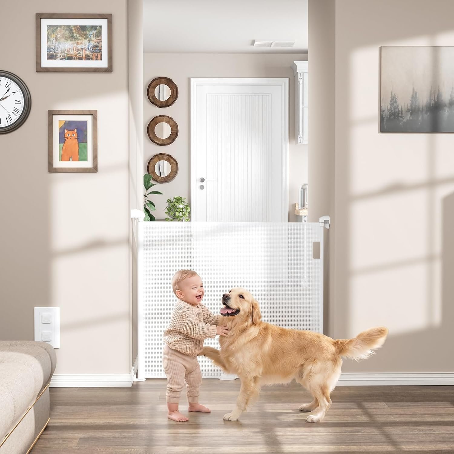 Babepai Retractable Baby Gates for Stairs, Retractable Dog Gate for Indoor/Outdoor Use | Child Gates for Doorways, Deck, Porch, Hallways, Patio (White, 55″ Wide 34″ Height)