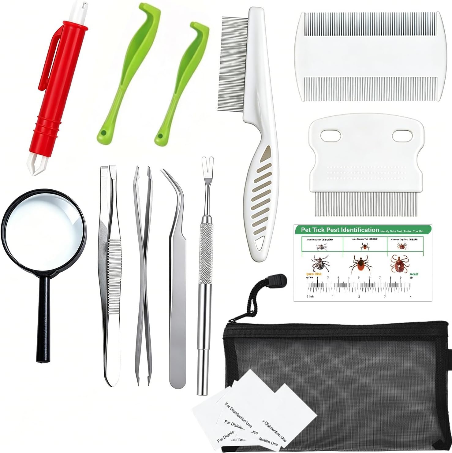 Tick Removal Tool Kit for Humans, Dogs & Cats, 13-in-1 Stainless Steel Tick Remover with Tweezers, Comb & Magnifying Glass – Multi-Purpose Tick Removal Set for Outdoor & Pet Use
