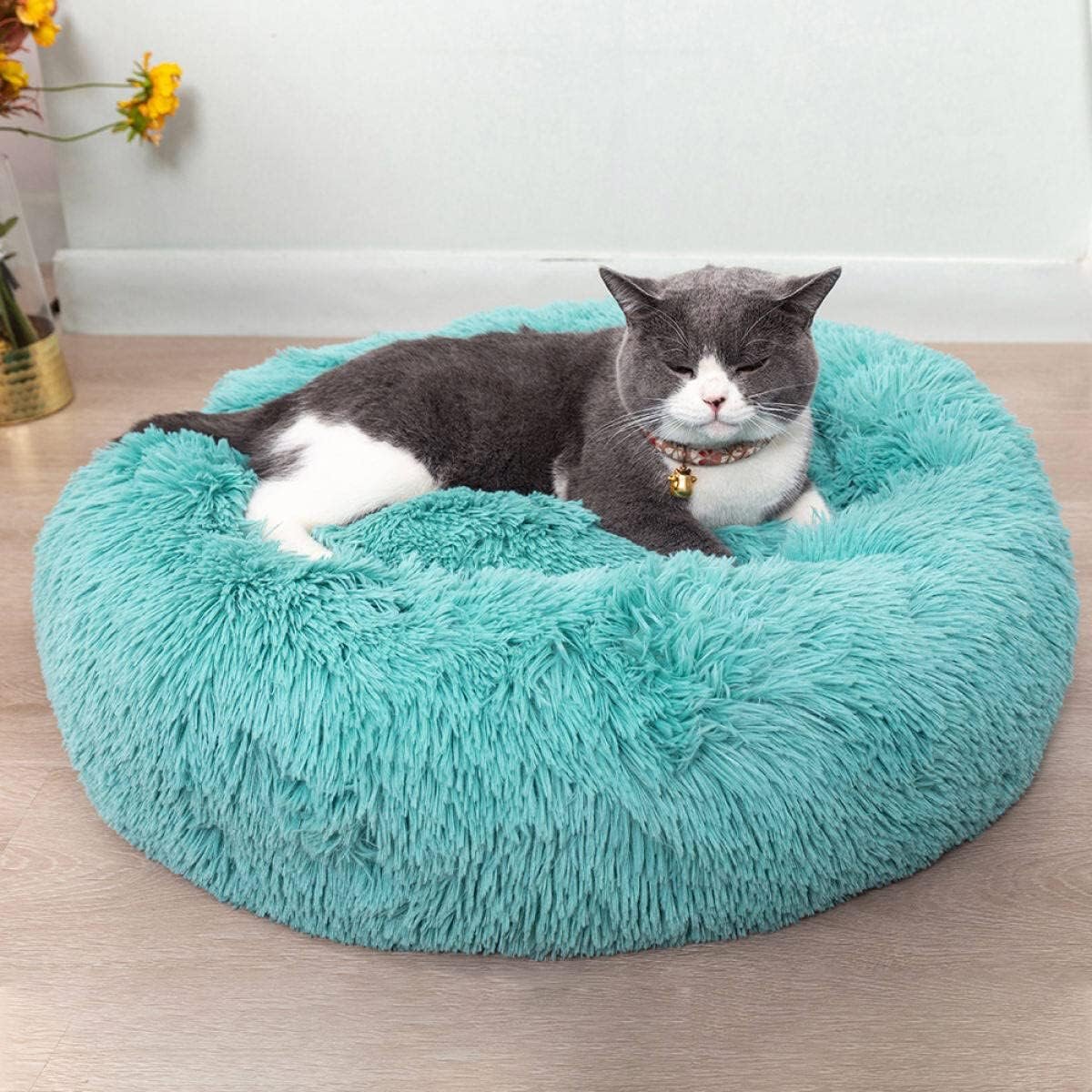 Cat Beds for Indoor Cats – Cat Bed Washable 20/24 inches, Dog Beds for Small Medium Dogs, Anti Anxiety Round Fluffy Plush Faux Fur Pet Bed, Thick Bottom (Blue, Medium)