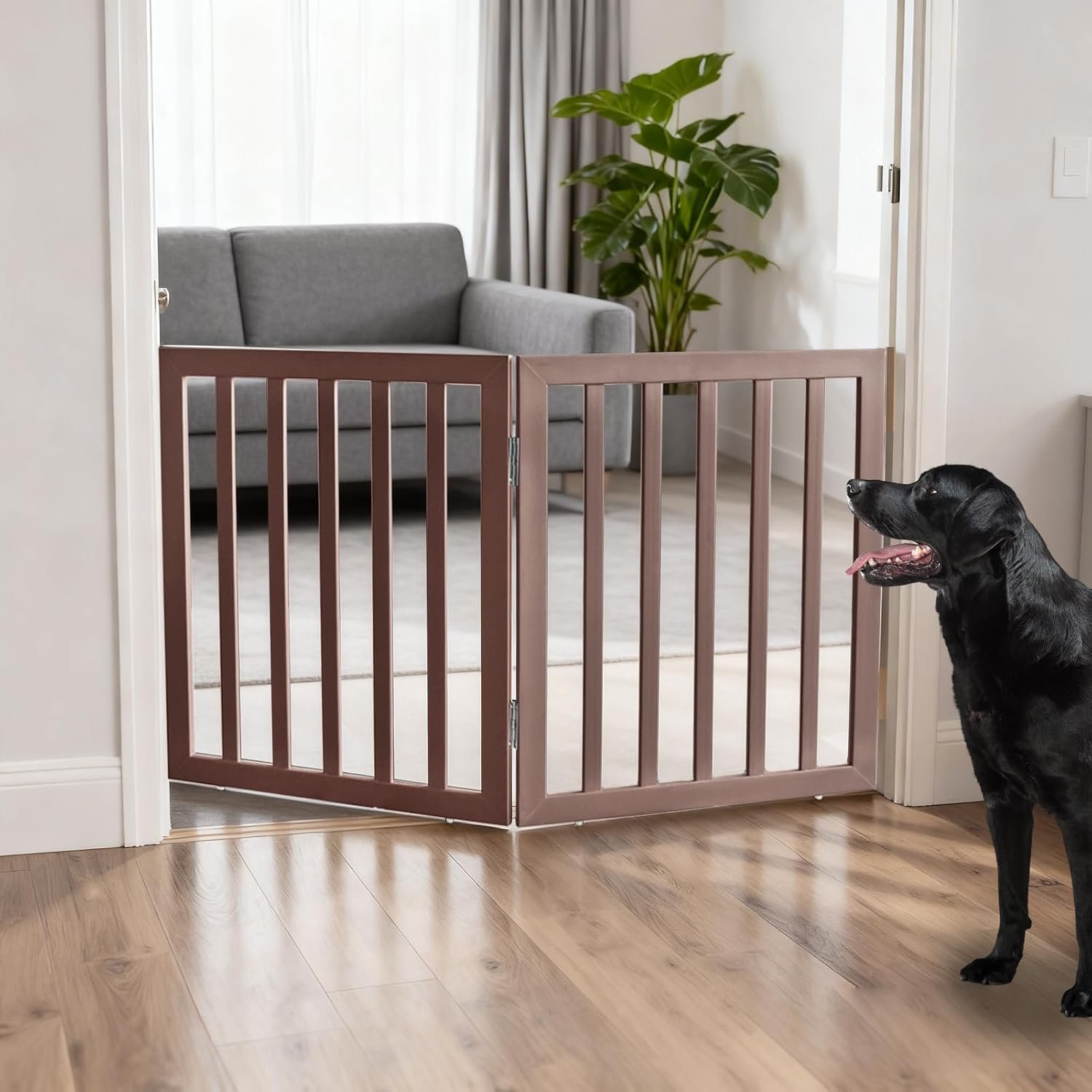 ZJSF Freestanding Indoor Dog Gate for House Foldable Wood Brown Puppy Gate for Doorways Pet Gate for Stairs Extra Wide Pet Fence 24″ Height 2 Panels