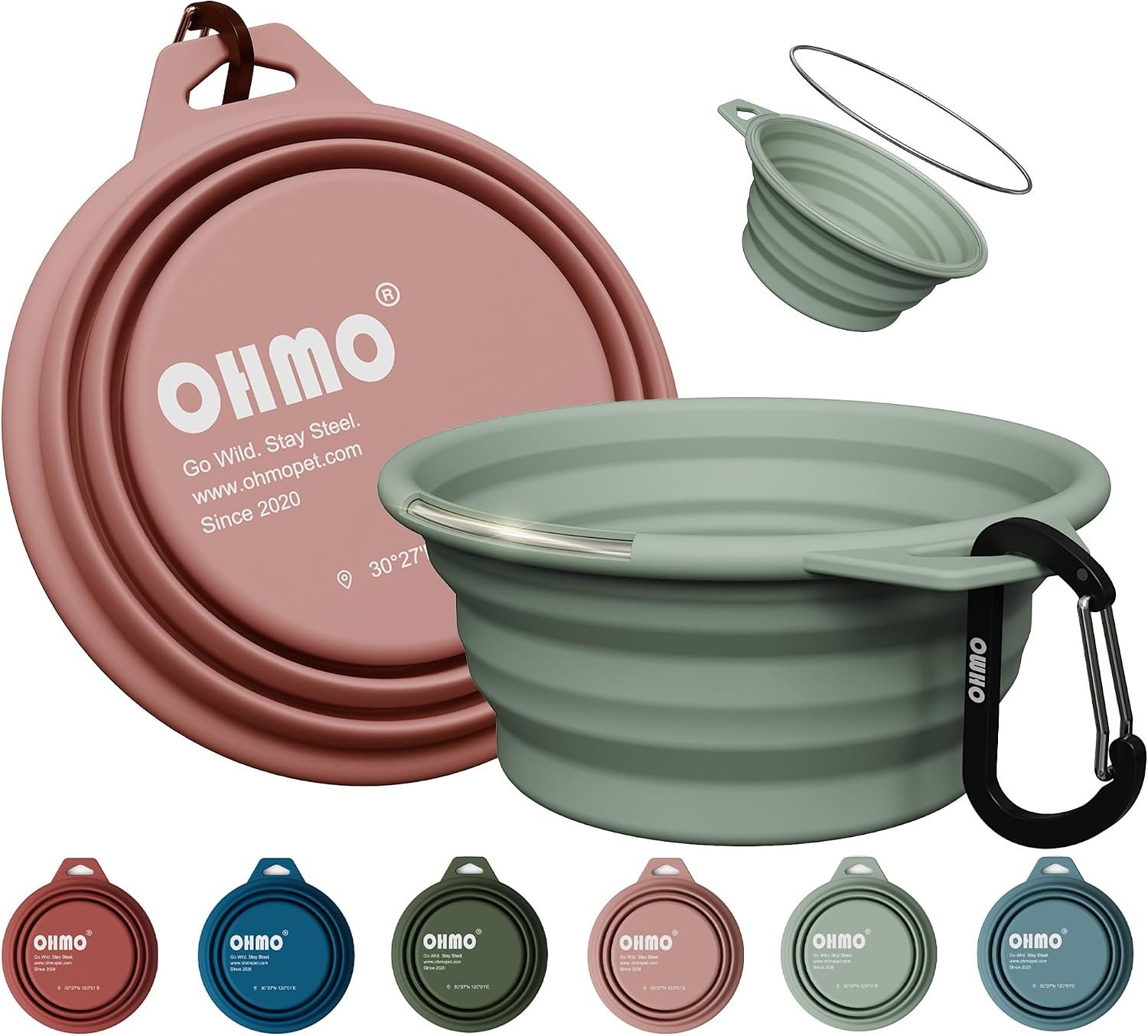 OHMO Small Collapsible Dog Bowls, Steel Rim, 12oz, 2pcs, Coral&Sage Green