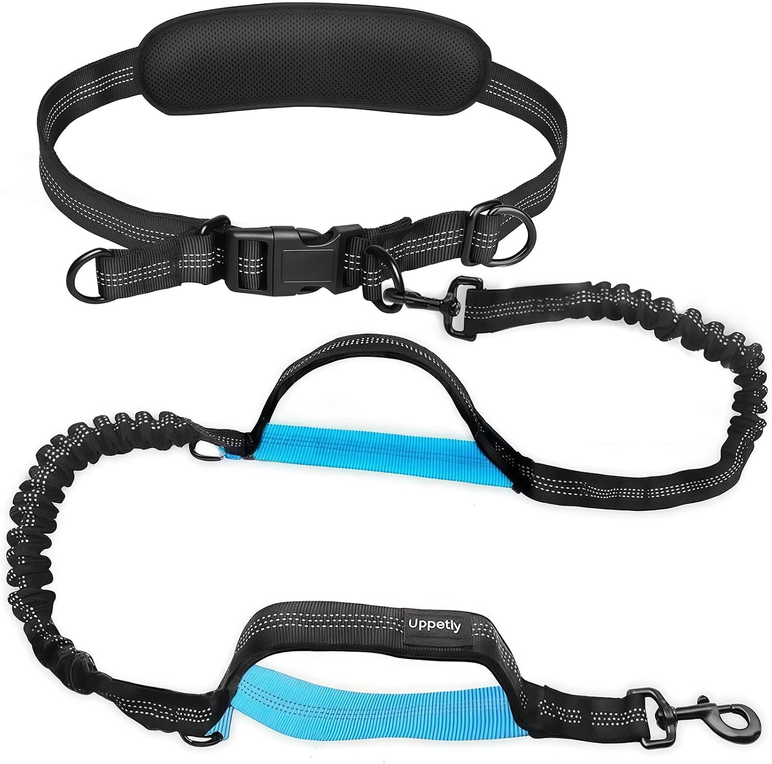Uppetly Hands Free Dog Running Leash with Adjustable Waist Belt, Dual Handle Elastic Bungees Retractable Rope for Medium and Large Dogs, Reflective Stitches for Walking Hiking Biking (Large, 25-120lb)