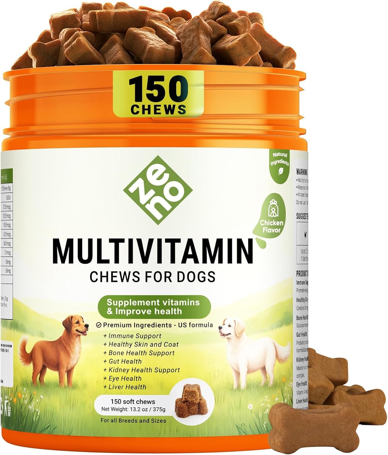 ZENO Dog Vitamins and Supplements – 150 Dog Multivitamin Chewable – Immune, Joint Support, Skin, Gut Health + Packed with Omega 3s, Glucosamine & Probiotics – Safe for Puppy – Chicken