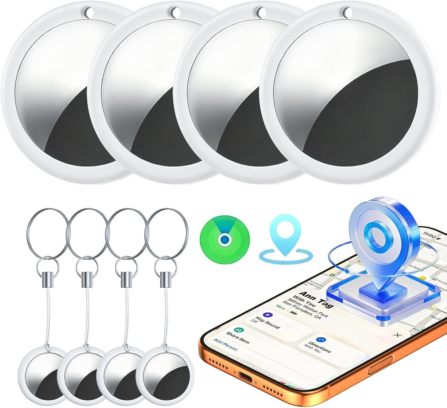 4 Pack Smart Bluetooth Tracker for iPhone (iOS Only), MFi Certified Item Finder Works with Apple Find My App, Waterproof Key Finder Tag for Wallet, Keys, Bags and Luggage, Pets, Replaceable Battery