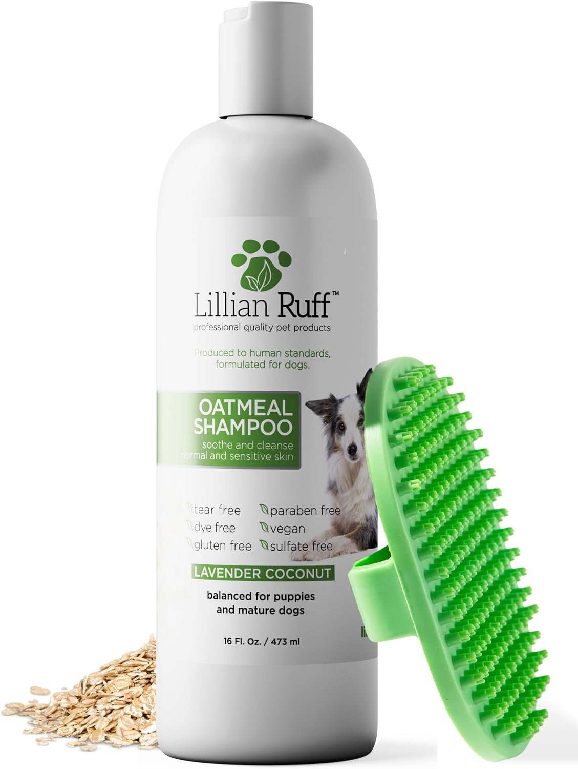 Lillian Ruff PRO Formula Deodorizing Oatmeal Dog Shampoo – Calms Itching & Allergies, Ultra-Nourishing Dry Skin Relief – Oatmeal, Aloe, Coconut Oil, Lavender & Provitamin B5 – Made in USA 16oz+Brush