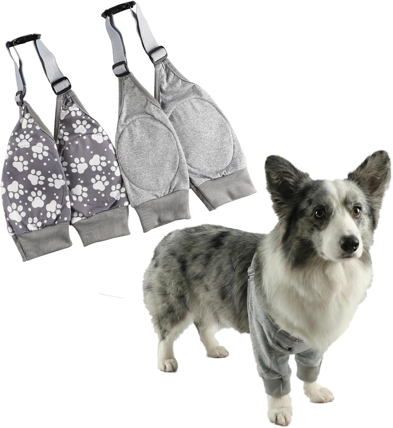 Dog Elbow Recovery Sleeve with Protector Pads for Senior Dogs & Post-Surgery Front Legs, Anti-Licking Brace & Wound Care Support, Updated with Adjustable Shoulder Straps(Grey Set, XXL)