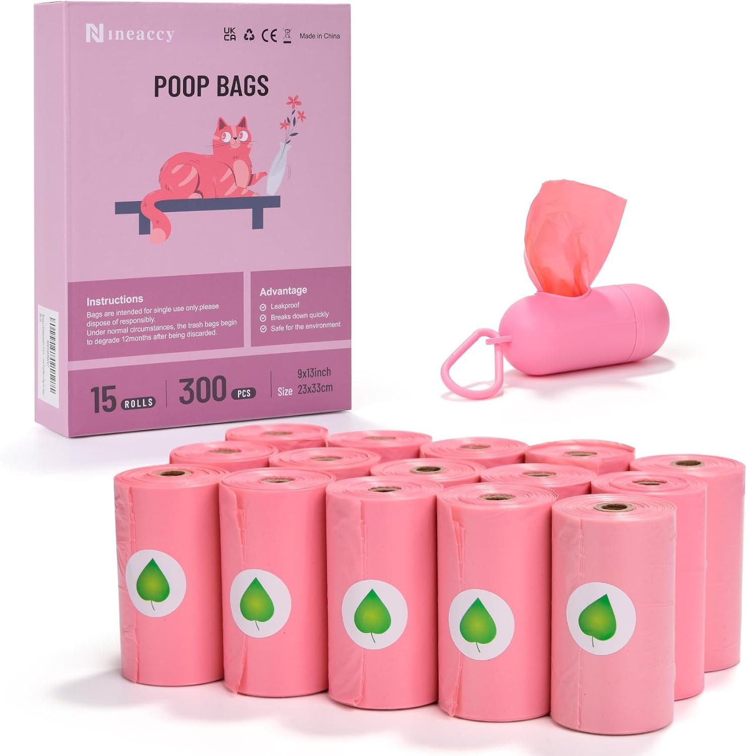 WDFAACK Pink Dog Poo Bags Lavender scent with Dispenser – 300 Large Poop Bags, Extra Thicken Strong Corn Starch Blended Leak Proof Poop Waste Bag for Dogs