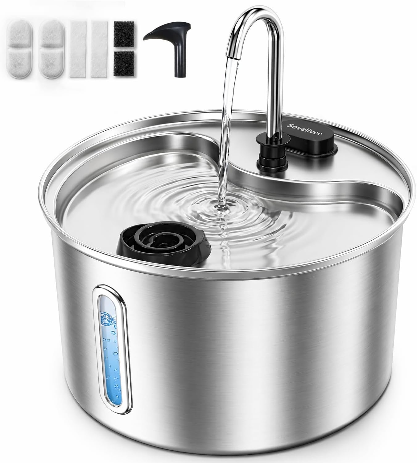 Cat Water Fountain, 118oz/3.5L Stainless Steel Cat Fountain with Ultra-Quiet Pump, LED Water Level Window, Automatic Cat Water Dispenser, 6-Layer Filtration Includes 2 Replacement Filters