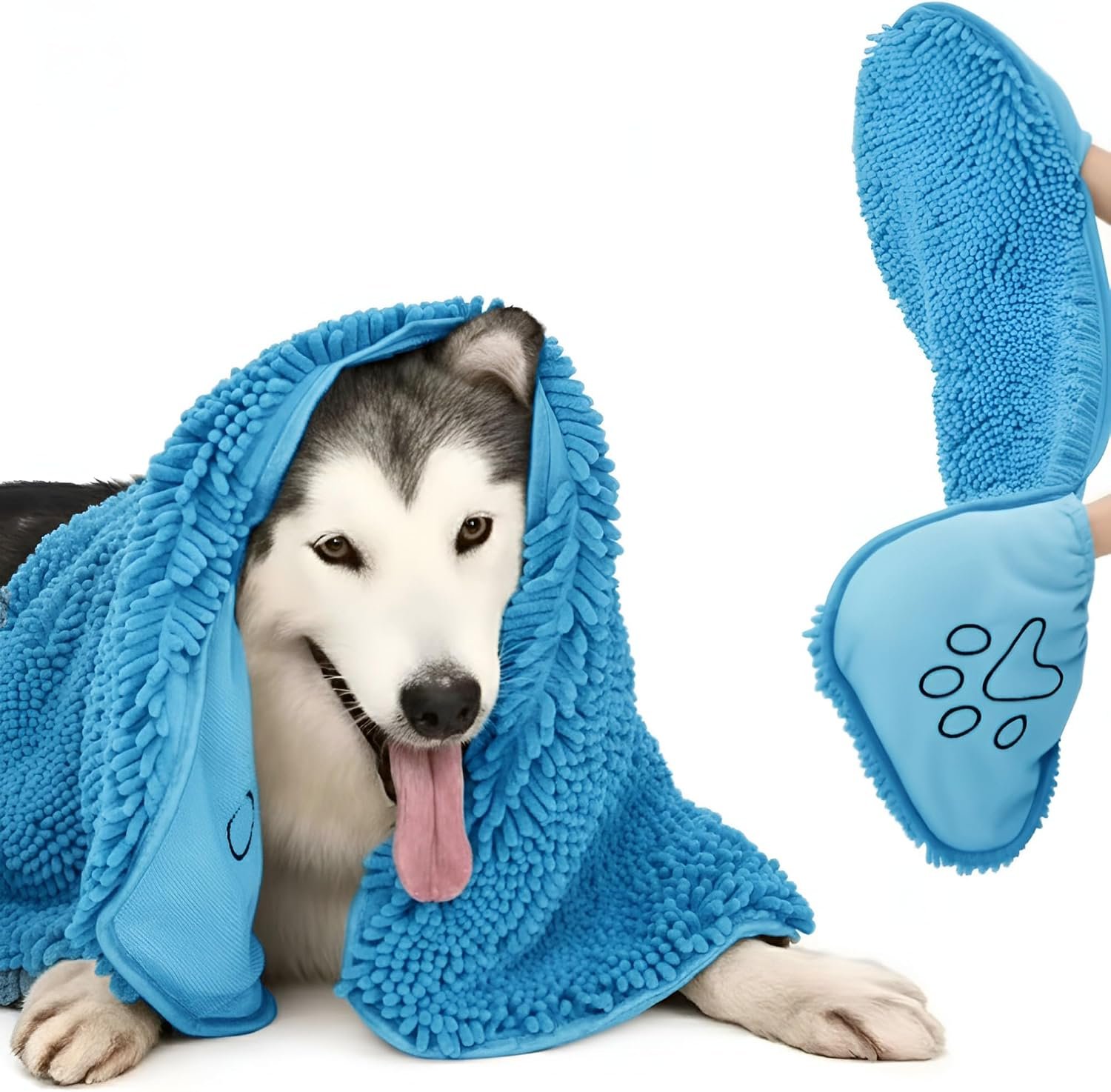 Super Absorbent Dog Drying Towel – 24.4”x10” Chenille Microfiber Pet Bath Towel with Dual Hand Pockets, Quick Dry Soft Grooming Towel for Small Medium Large Dogs and Cats, Machine Washable (Blue)