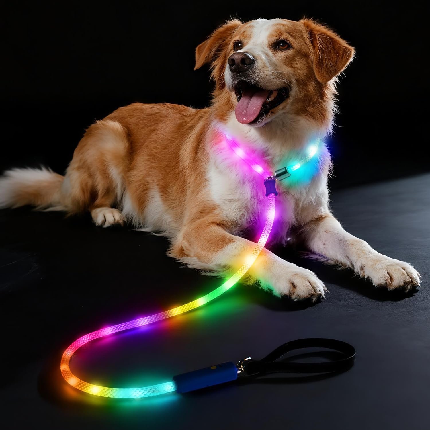 Xeuch Light Up Dog Leash, LED Slip Lead Leash for Night Walking,13 Lighting Modes, Rechargeable Dog Lights, Glow in The Dark Walking Leashes with Padded Handle for Medium Large Dogs – 5 Ft